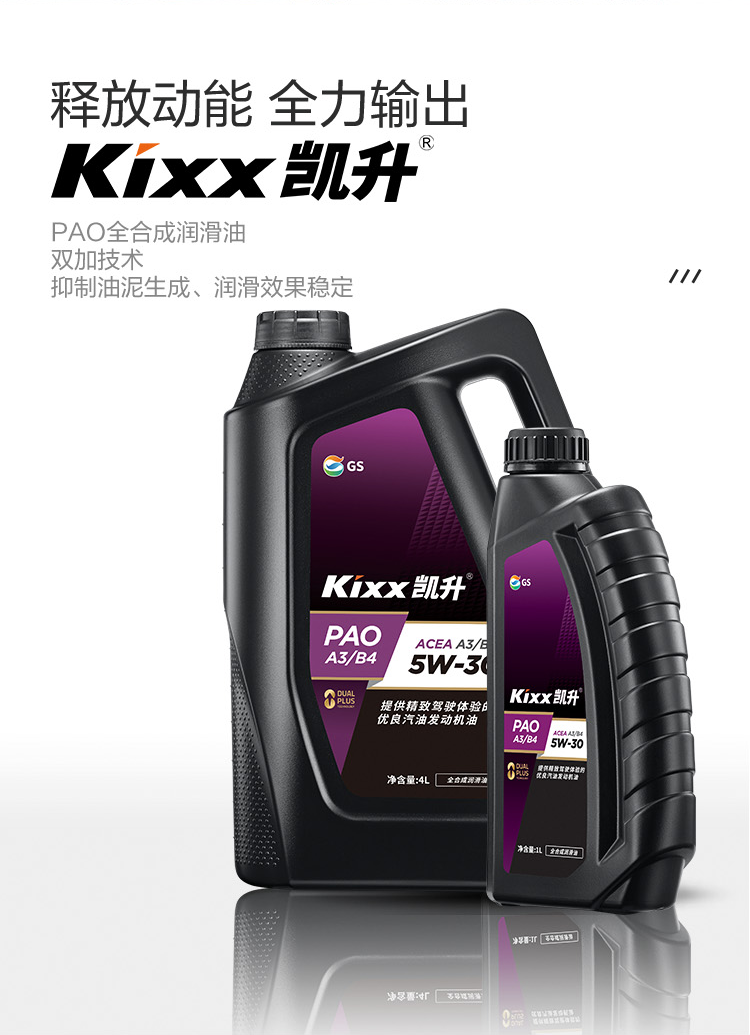 GS (Kixx) 凱升PAO全合成機(jī)油 5W-30 A3B4級(jí) 黑凱系列 4L-第2張圖片-鄭州市冠恒貿(mào)易有限公司【官方網(wǎng)站】-車用潤(rùn)滑油服務(wù)專家